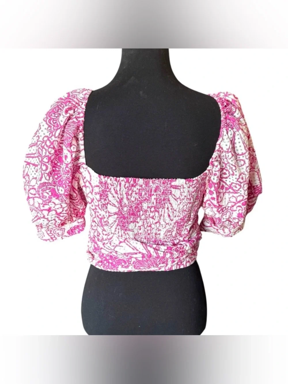 Maeve Anthropologie Pink Floral Tie Back Crop Top Puff Sleeve Small NWT